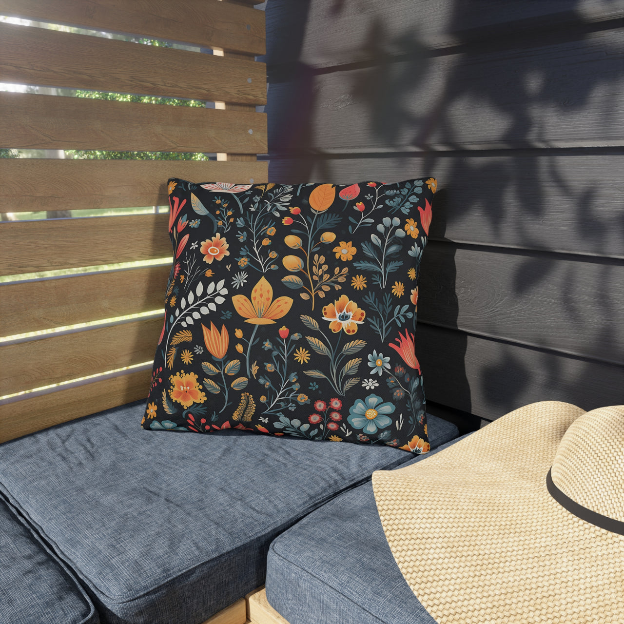 Decorative floral pillow on a gray cushioned bench with a straw hat nearby.