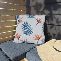 Thumbnail for Floral-patterned pillow on a wooden bench with a straw hat nearby