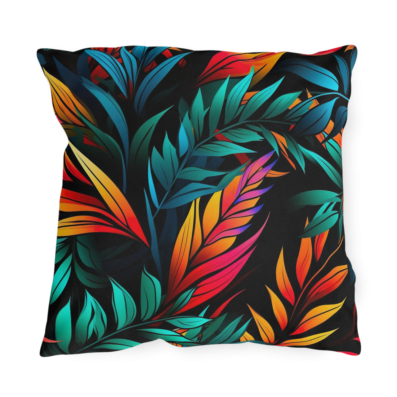 Colorful leaf pattern pillow on a black background