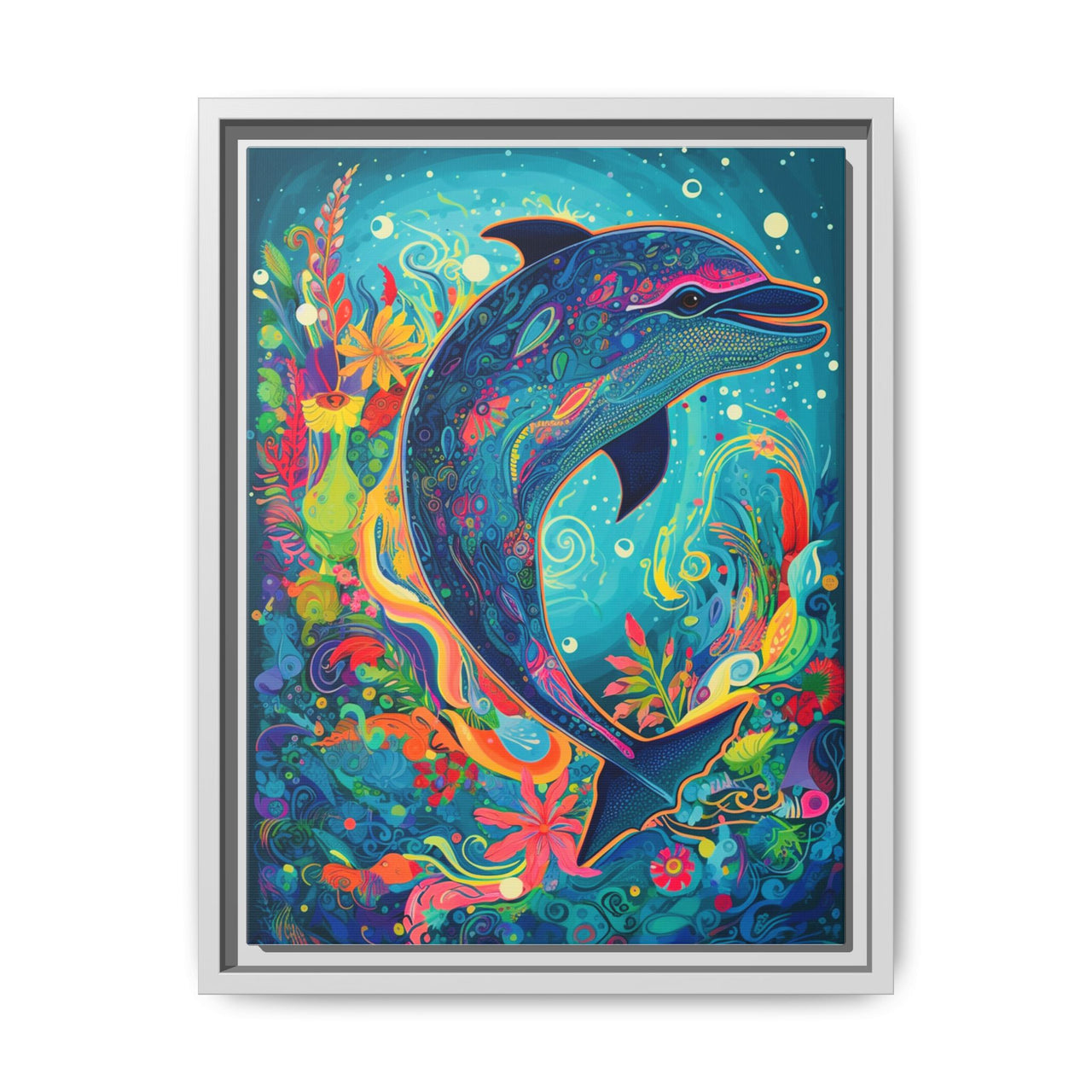 Ocean Bloom Dolphin Canvas Wall Art with Frame
