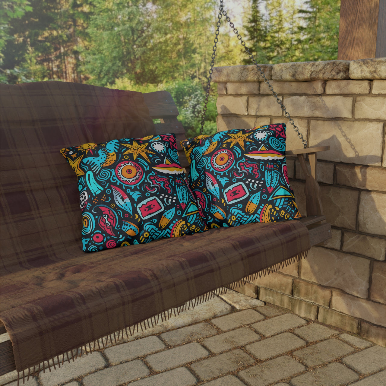 Beach Graffiti Blues Outdoor Throw Pillow