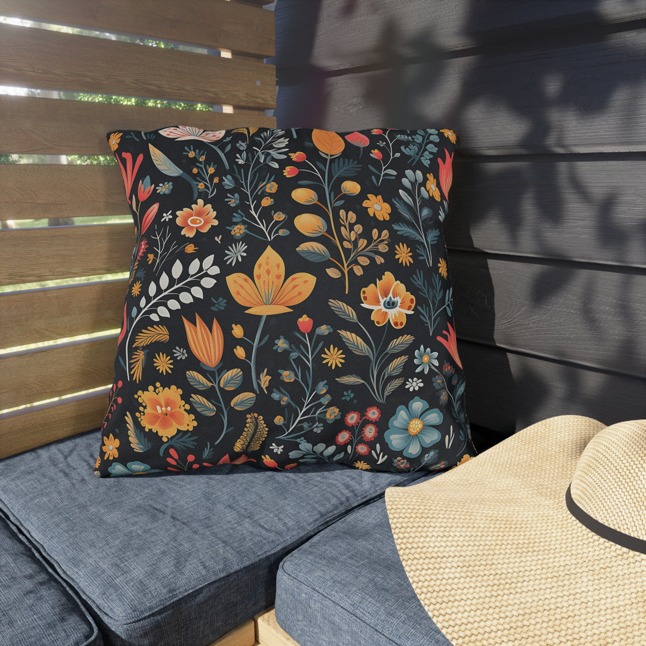 Floral patterned pillow on a cushioned chair outdoors with a straw hat nearby.