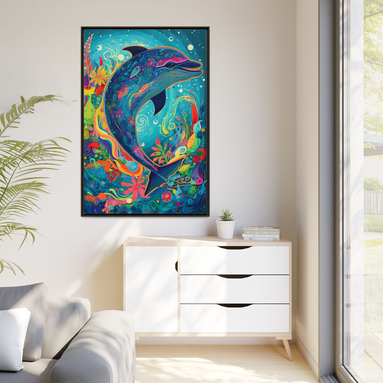 Ocean Bloom Dolphin Canvas Wall Art with Frame