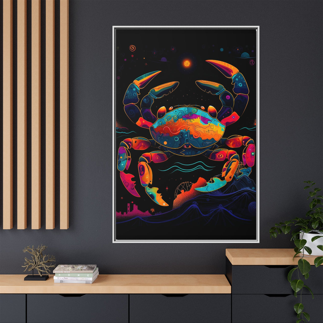 Neon Tide Crab Canvas Wall Art with Frame