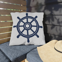 Thumbnail for Pillow with a ship's wheel design on a wooden bench