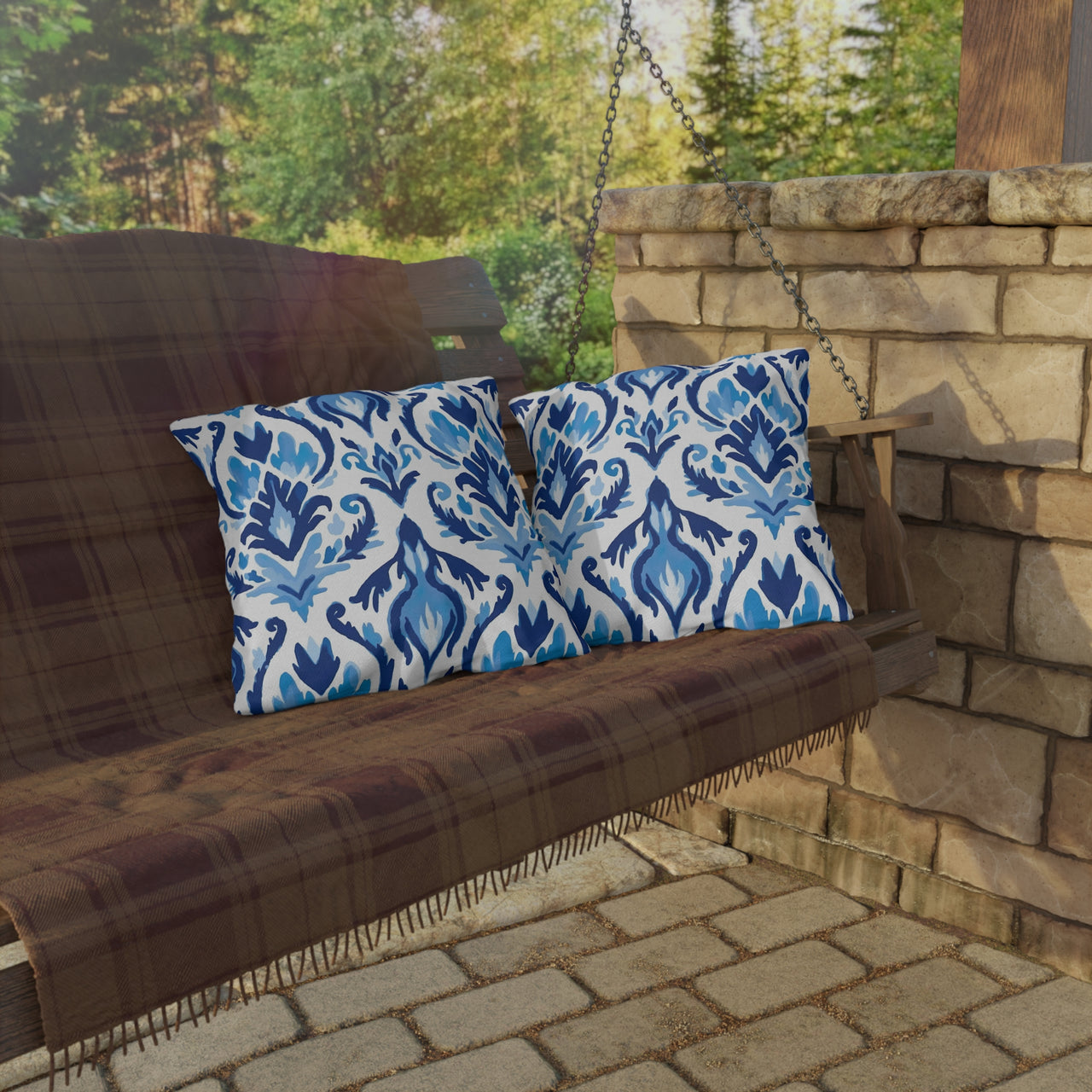 Ikat Blues Outdoor Throw Pillow