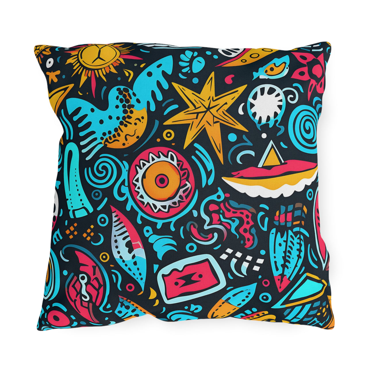Beach Graffiti Blues Outdoor Throw Pillow