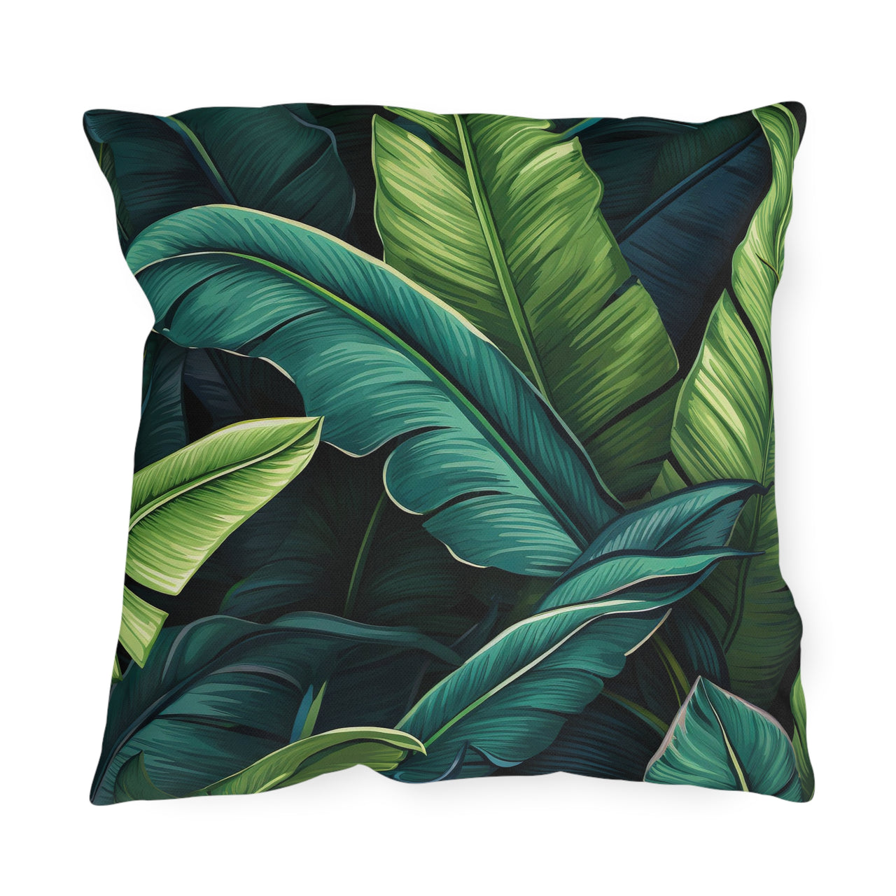 Decorative pillow with green leaf pattern on a white background