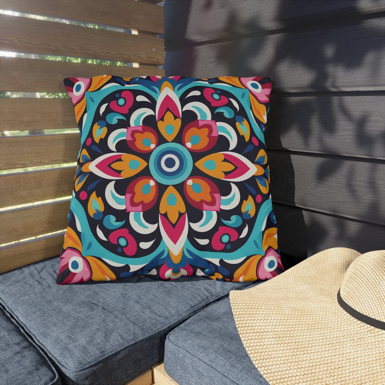 Colorful patterned pillow on a bench with a straw hat nearby