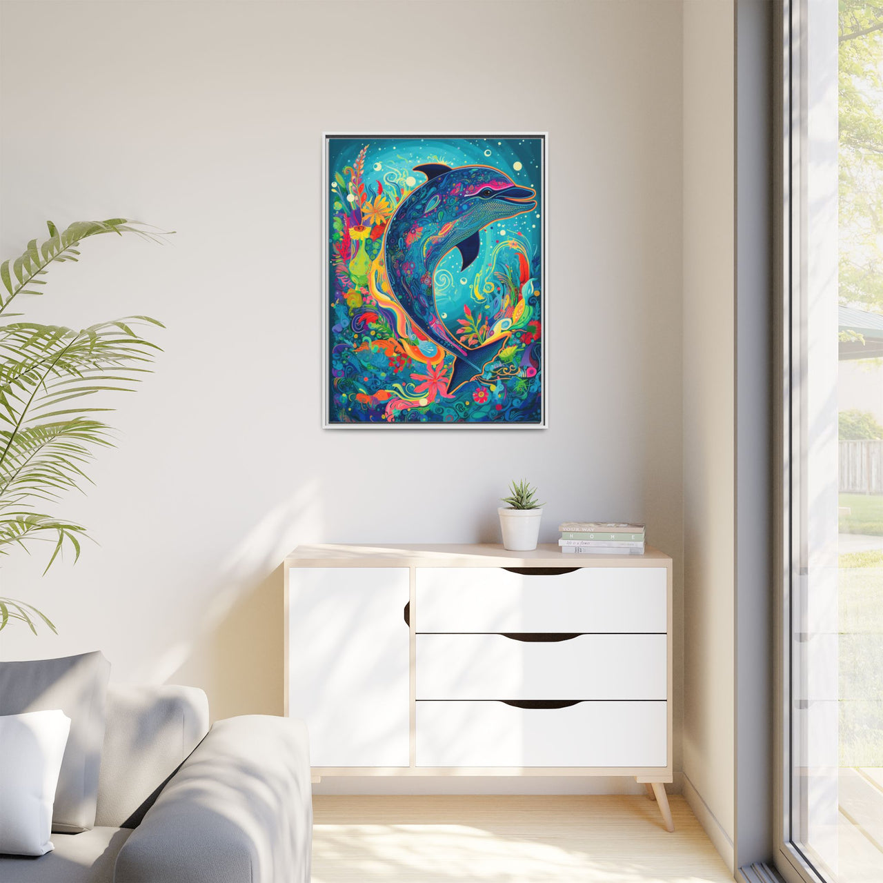 Ocean Bloom Dolphin Canvas Wall Art with Frame