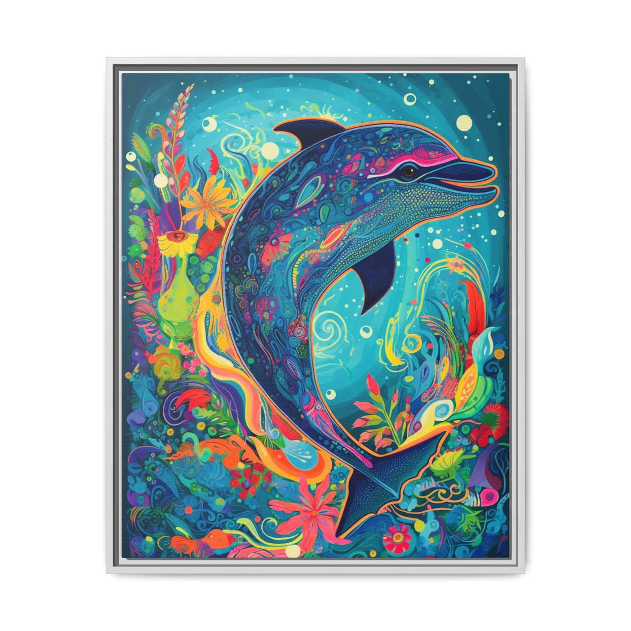 Ocean Bloom Dolphin Canvas Wall Art with Frame