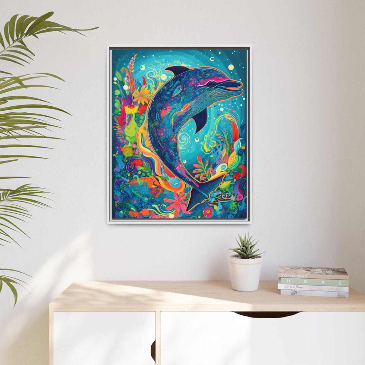 Ocean Bloom Dolphin Canvas Wall Art with Frame