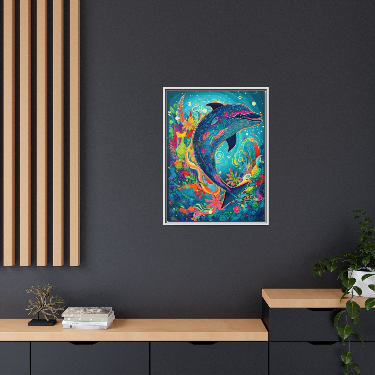 Ocean Bloom Dolphin Canvas Wall Art with Frame