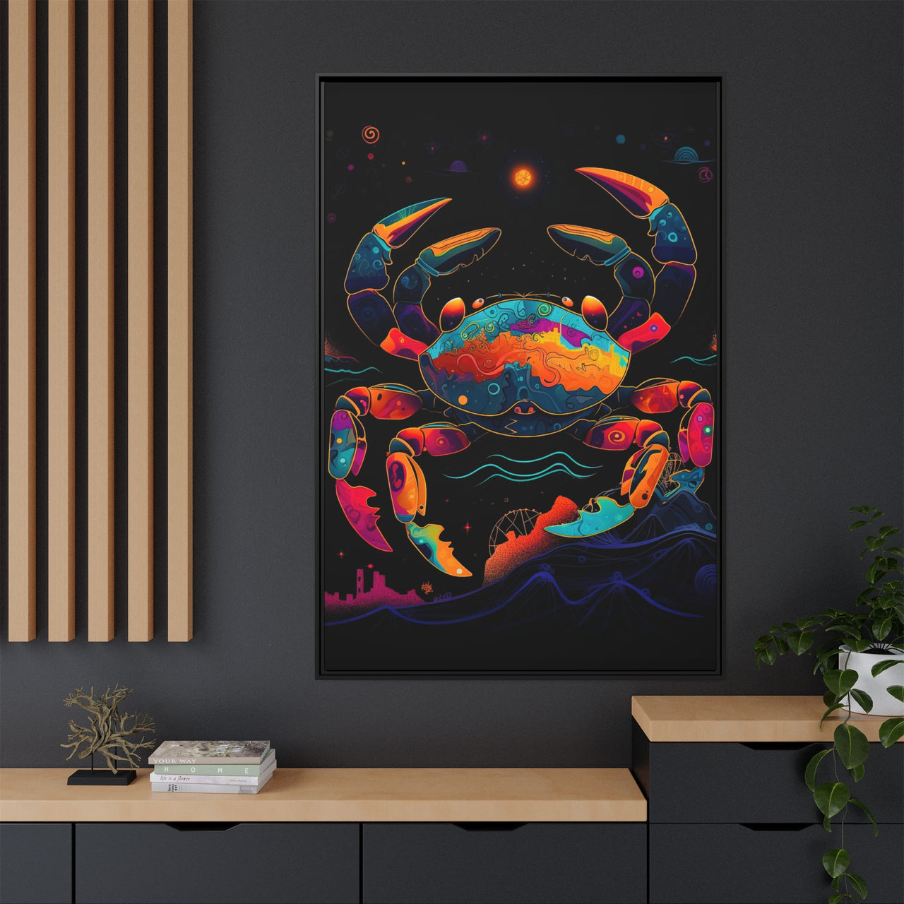Neon Tide Crab Canvas Wall Art with Frame