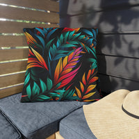 Thumbnail for Colorful leaf-patterned pillow on a bench with a straw hat nearby.