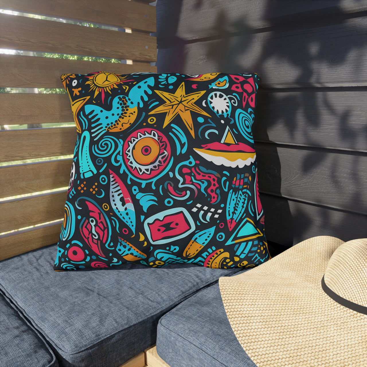 Beach Graffiti Blues Outdoor Throw Pillow