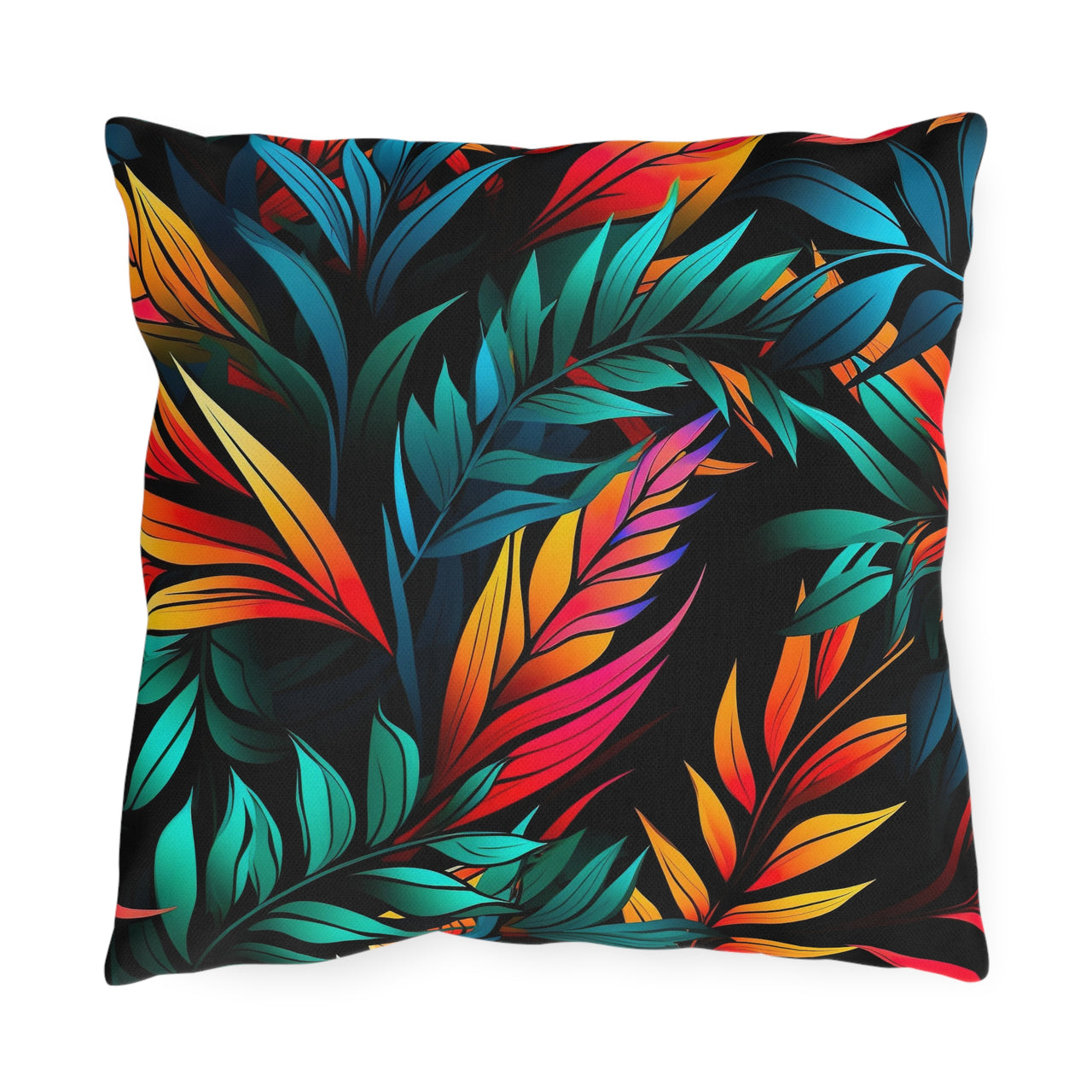 Colorful leaf pattern tropical pillow on a black background