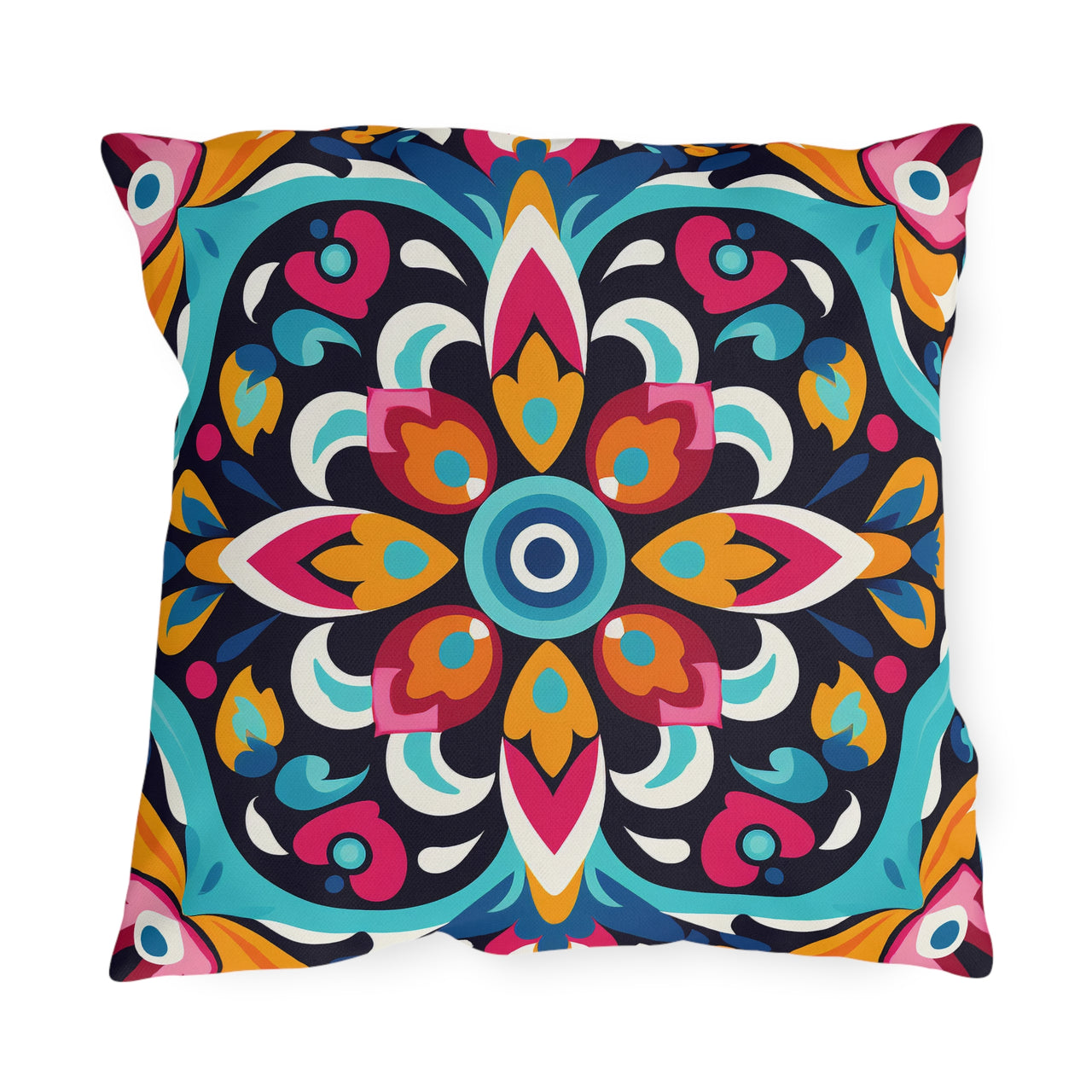 Colorful mandala-patterned pillow on a white background