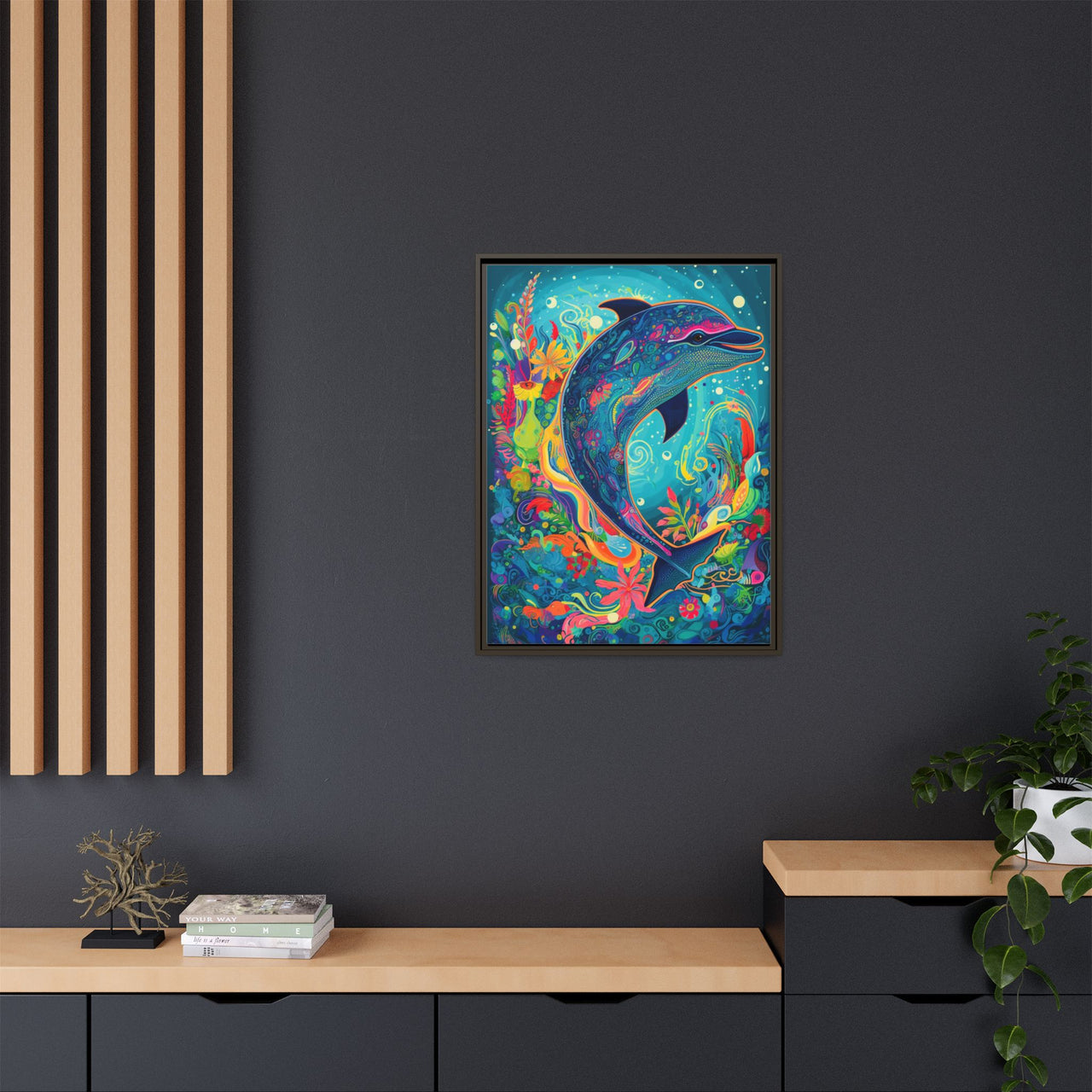 Ocean Bloom Dolphin Canvas Wall Art with Frame