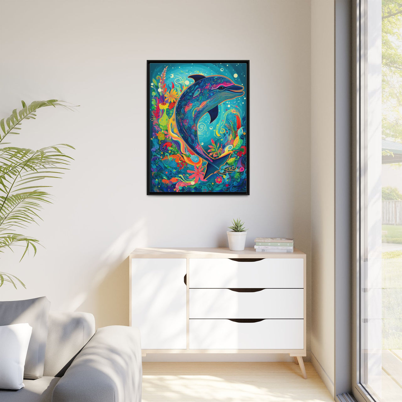 Ocean Bloom Dolphin Canvas Wall Art with Frame