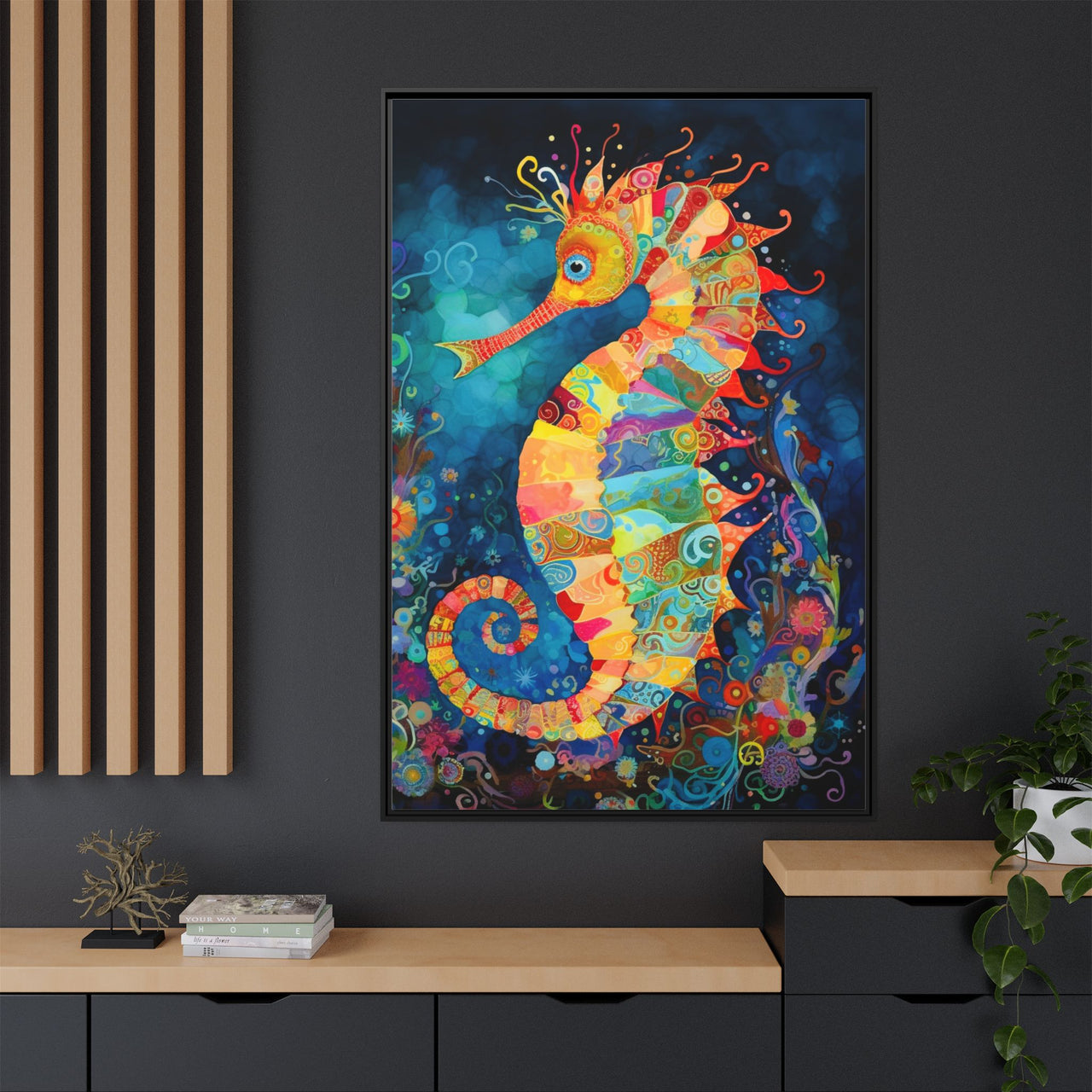 Coral Carnival Seahorse Canvas Wall Art with Frame