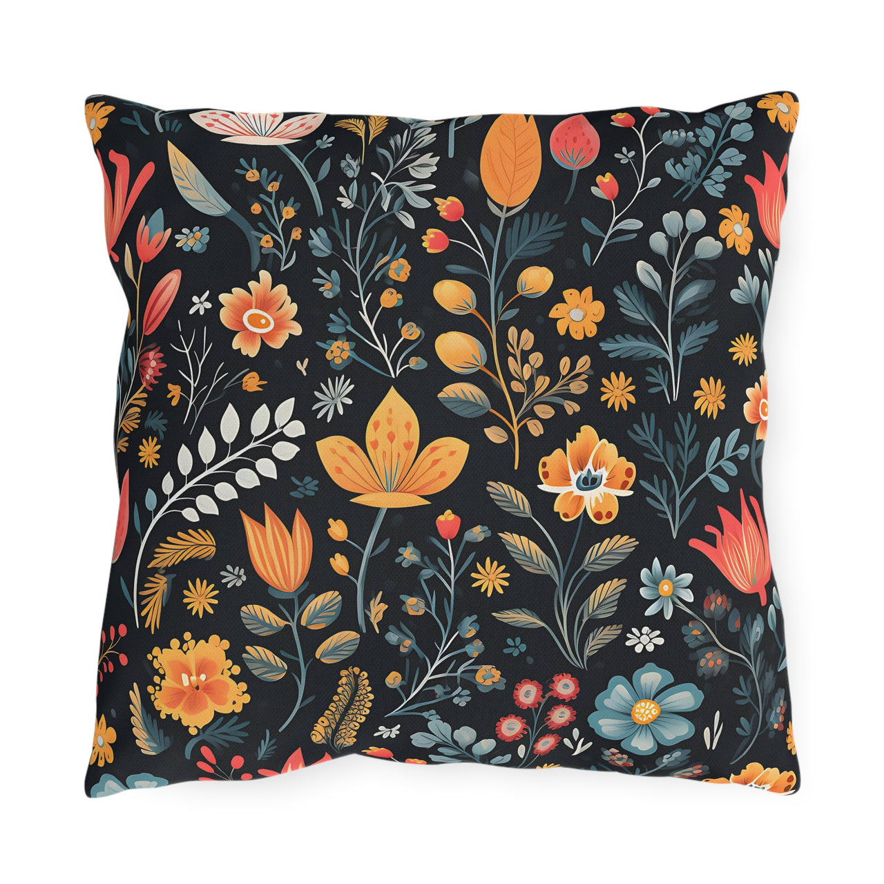 Floral-patterned pillow with colorful flowers on a black background