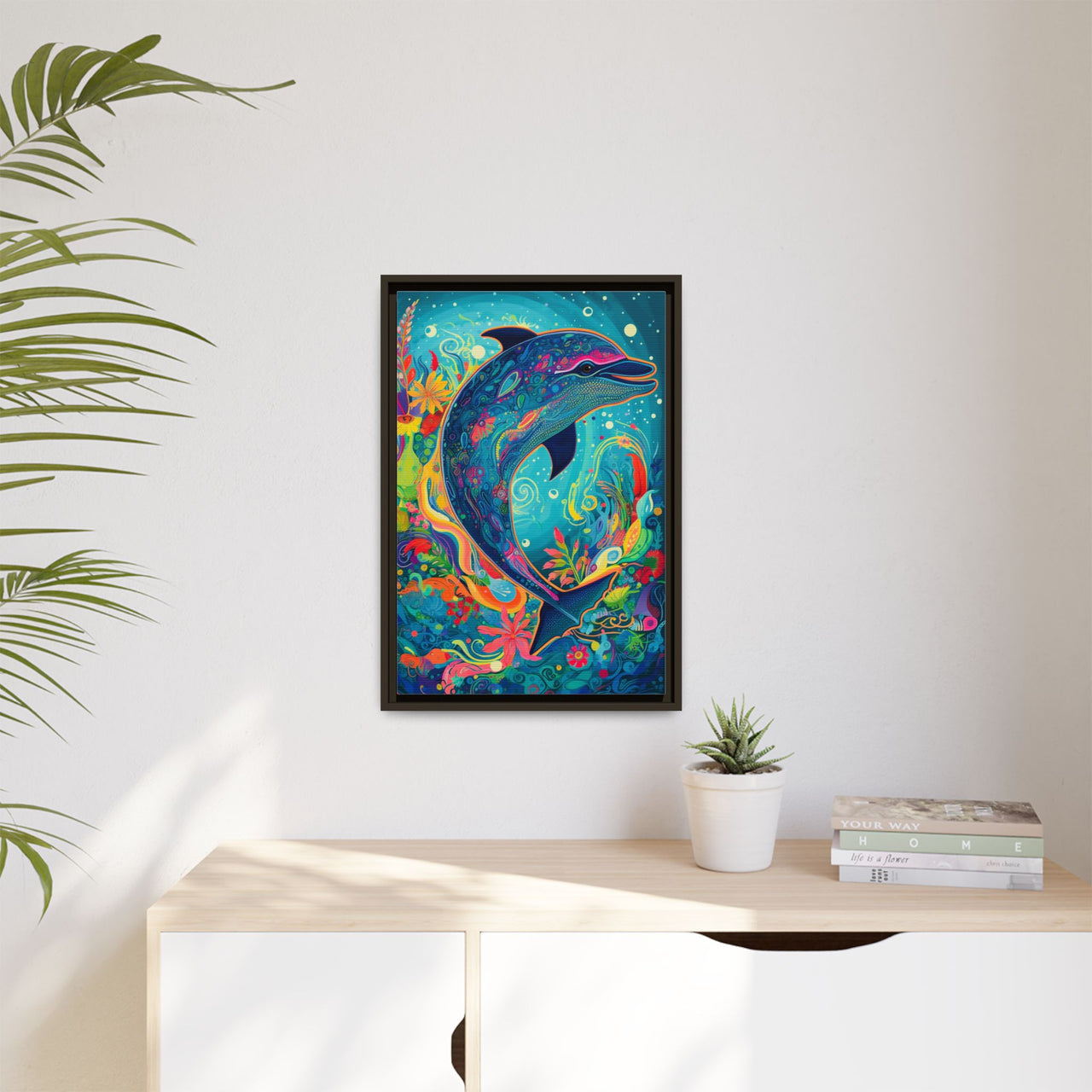 Ocean Bloom Dolphin Canvas Wall Art with Frame