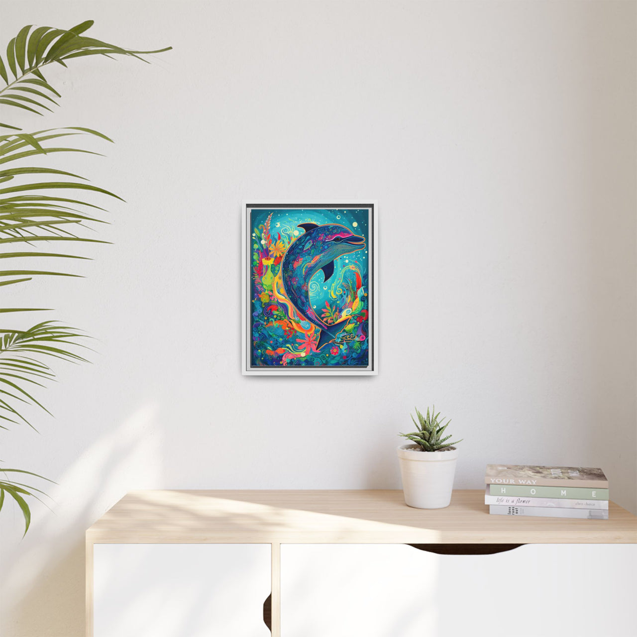 Ocean Bloom Dolphin Canvas Wall Art with Frame