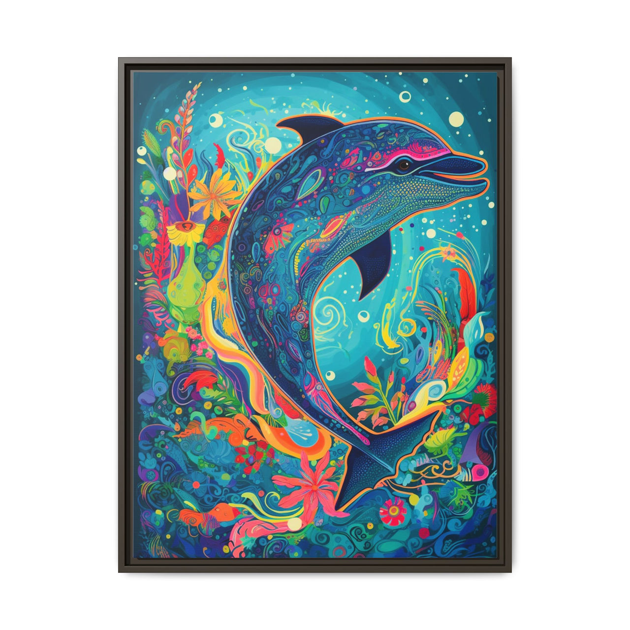 Ocean Bloom Dolphin Canvas Wall Art with Frame