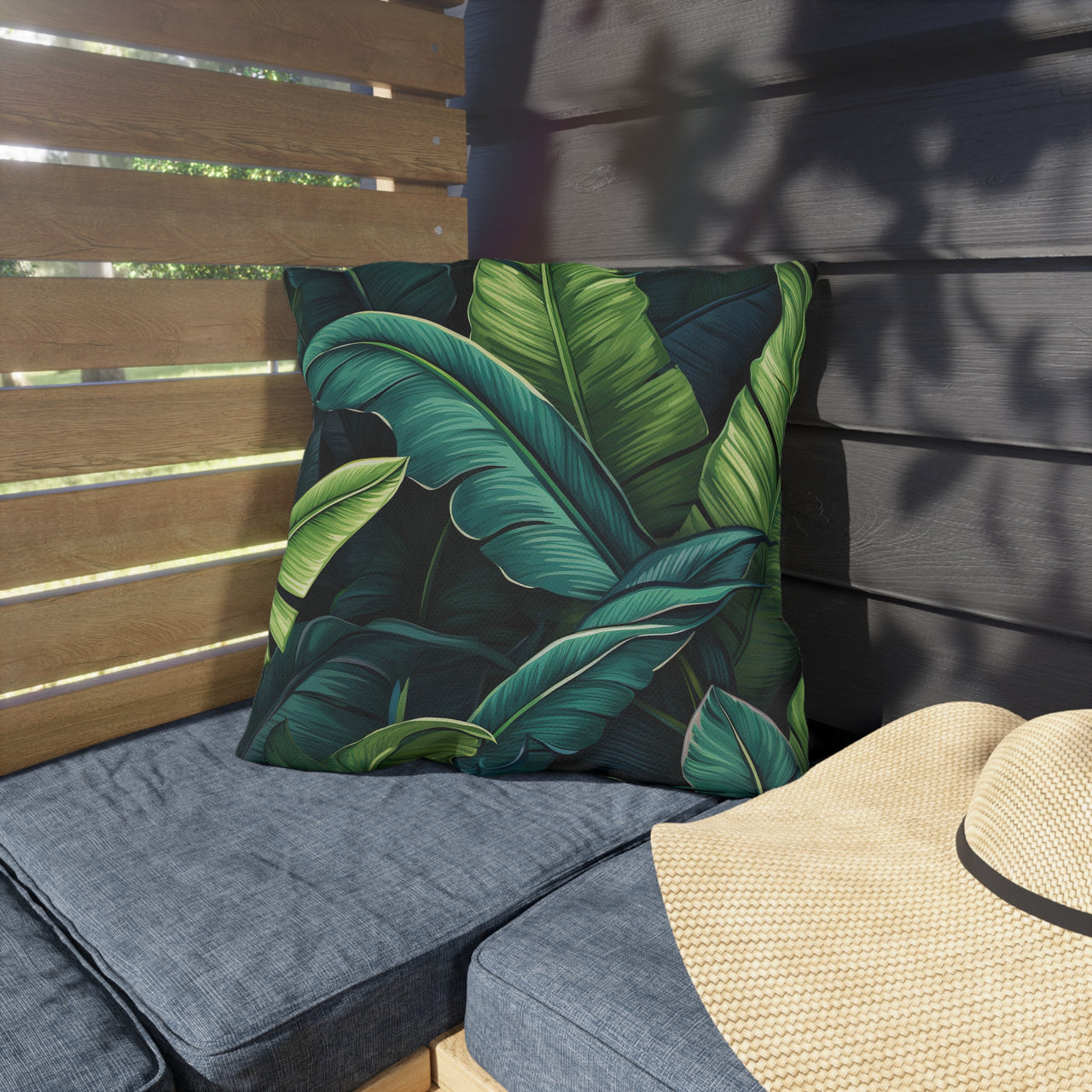 Outdoor seating with a tropical leaf pattern pillow and a straw hat.