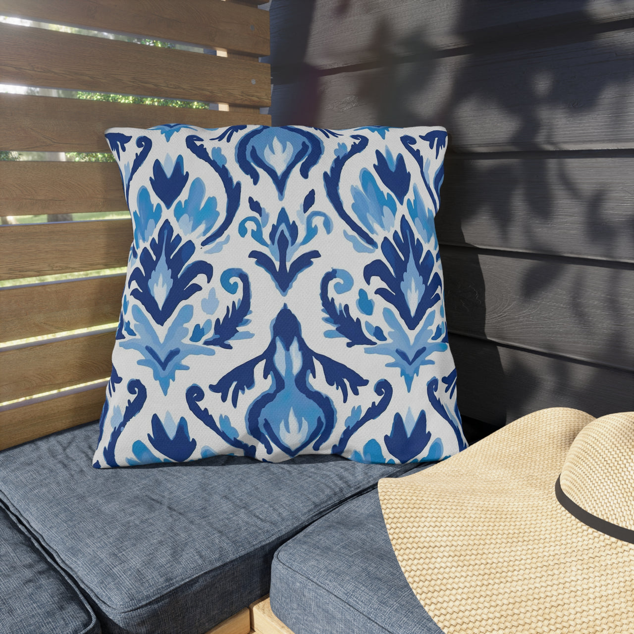 Ikat Blues Outdoor Throw Pillow