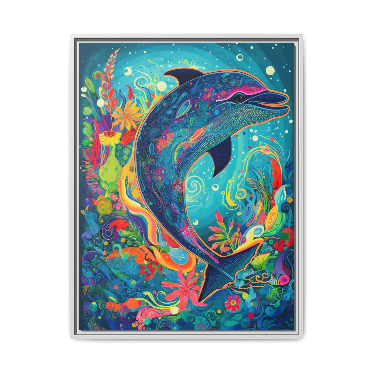 Ocean Bloom Dolphin Canvas Wall Art with Frame