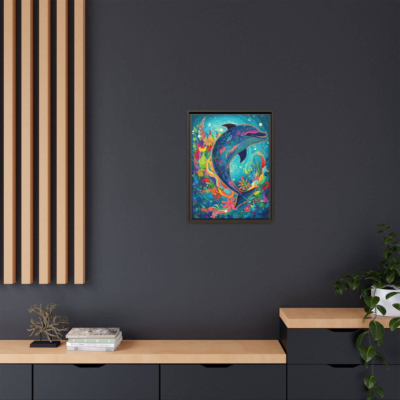Ocean Bloom Dolphin Canvas Wall Art with Frame
