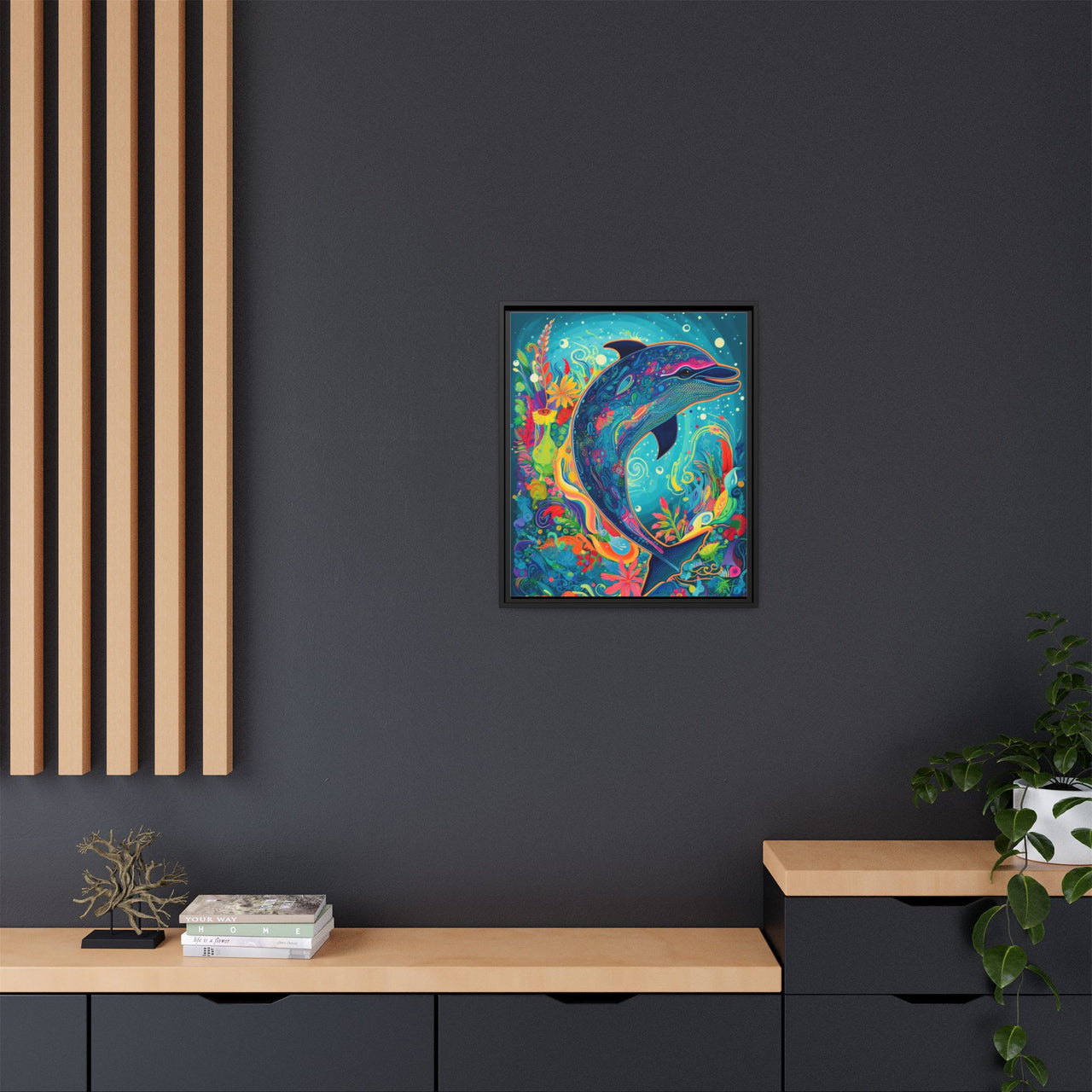 Ocean Bloom Dolphin Canvas Wall Art with Frame