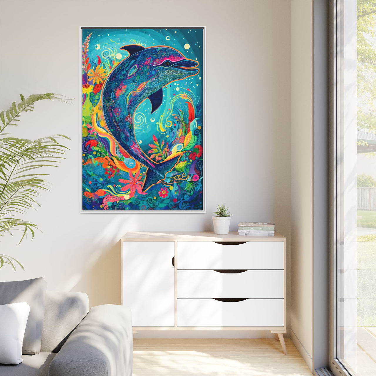 Ocean Bloom Dolphin Canvas Wall Art with Frame