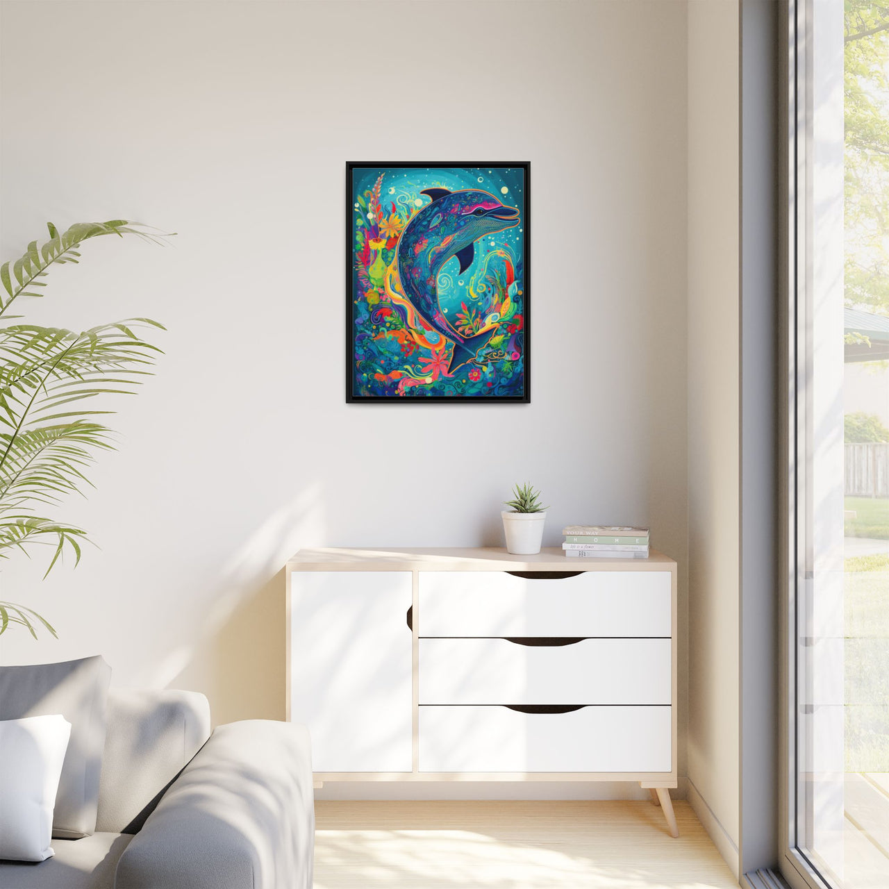 Ocean Bloom Dolphin Canvas Wall Art with Frame