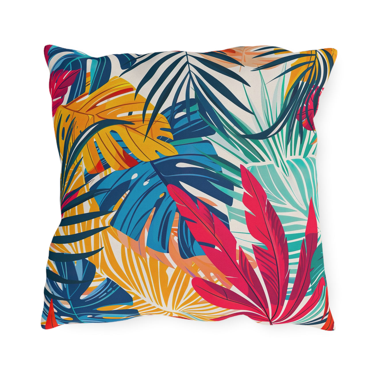 Colorful tropical leaf patterned pillow on a white background