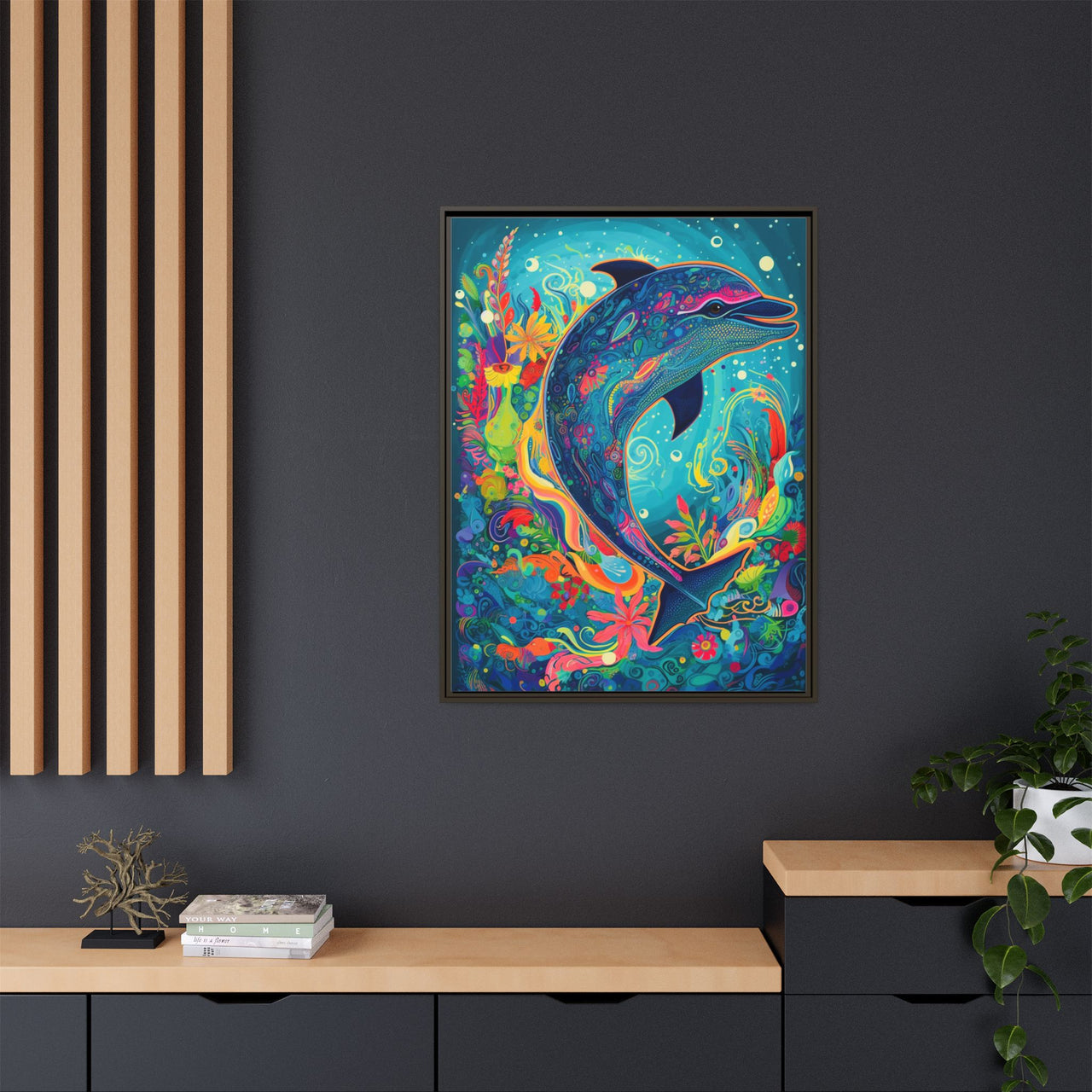 Ocean Bloom Dolphin Canvas Wall Art with Frame