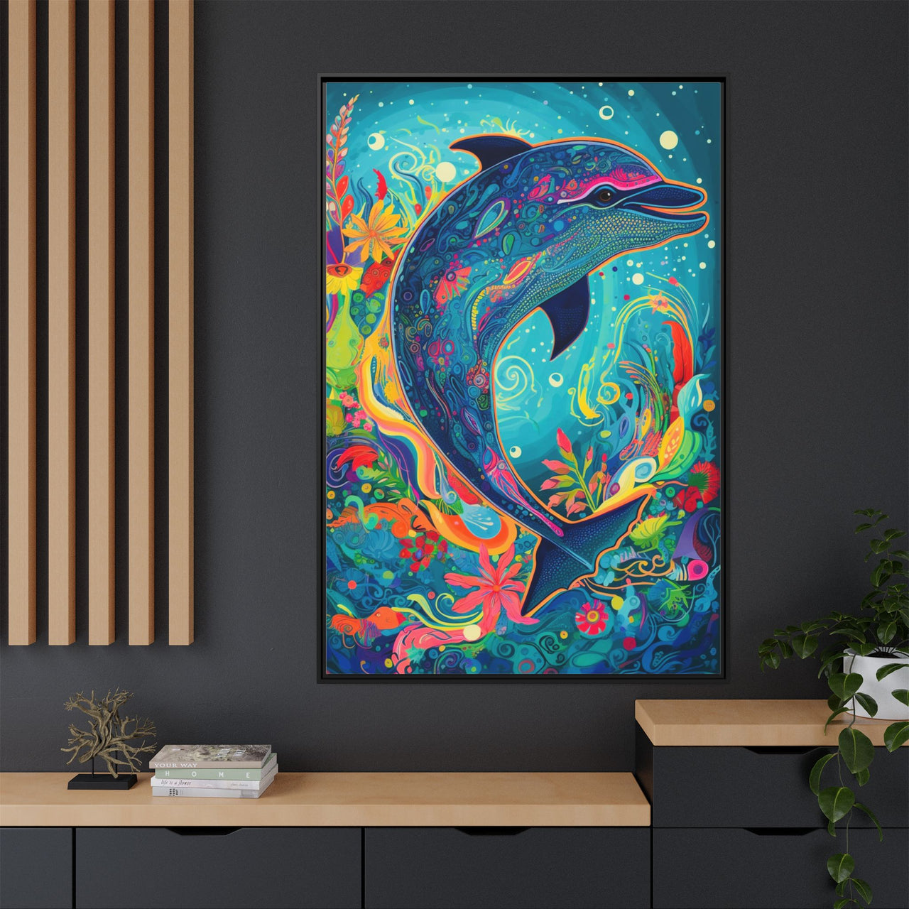 Ocean Bloom Dolphin Canvas Wall Art with Frame