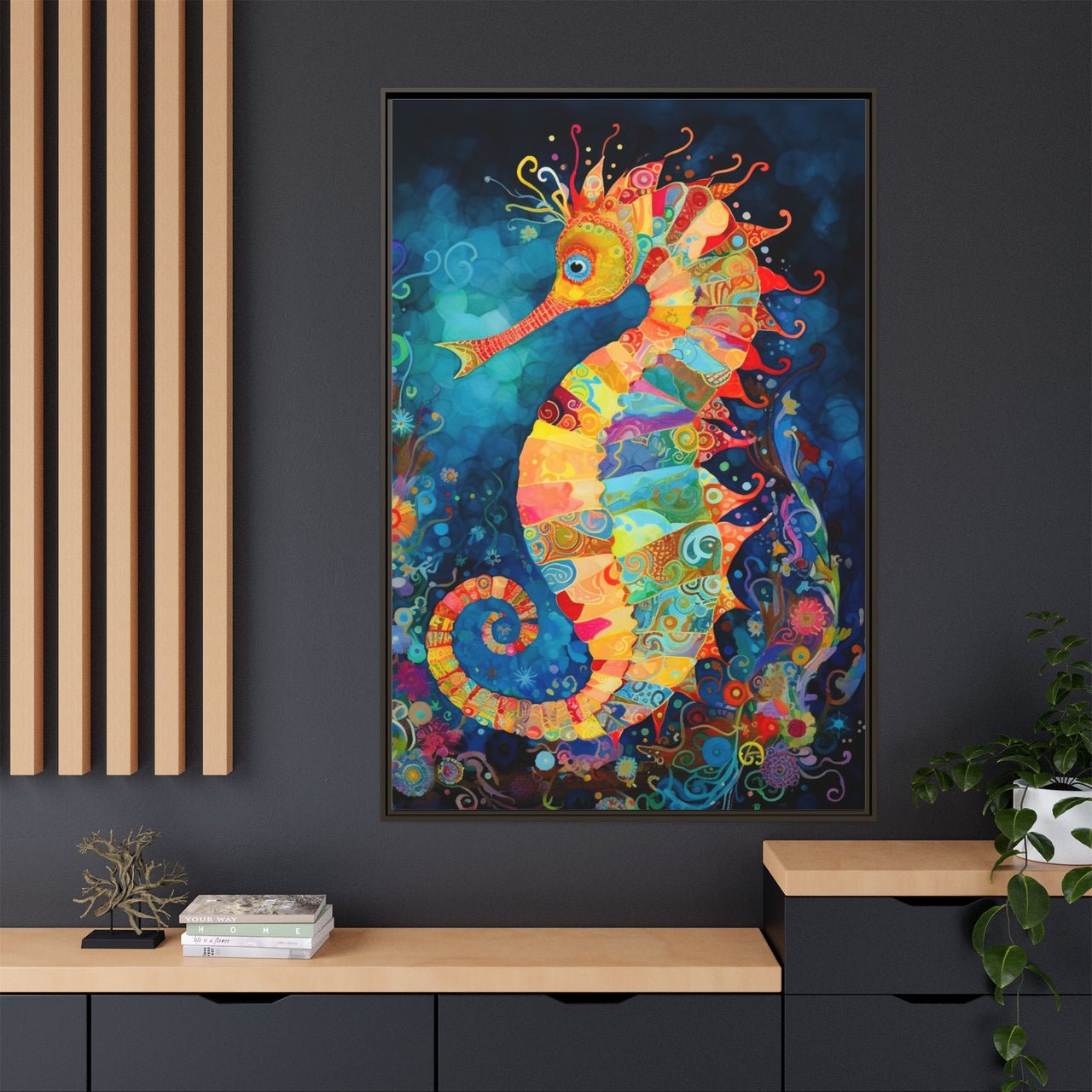 Coral Carnival Seahorse Canvas Wall Art with Frame