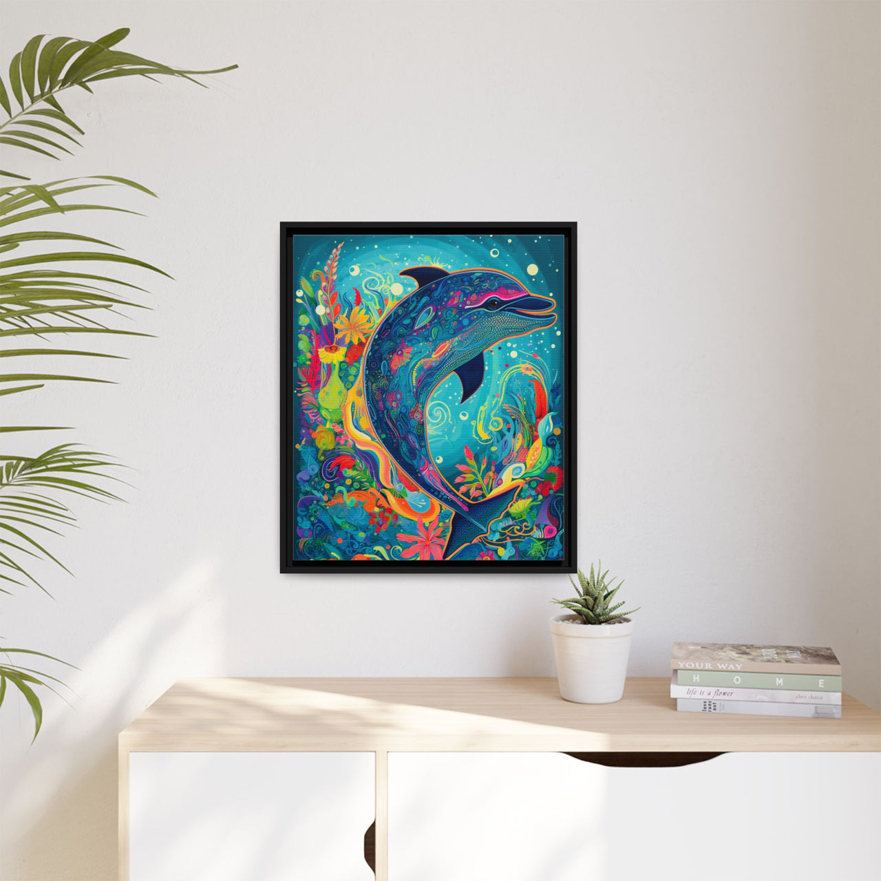 Ocean Bloom Dolphin Canvas Wall Art with Frame