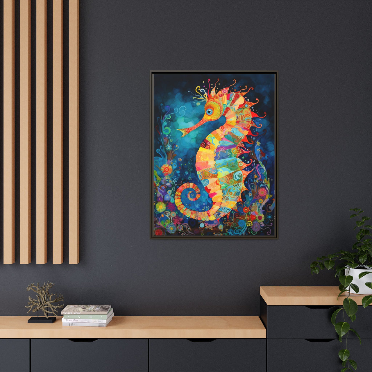 Coral Carnival Seahorse Canvas Wall Art with Frame