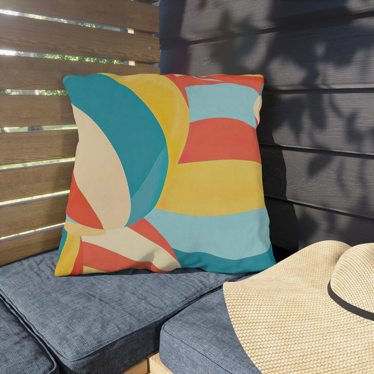 Colorful striped pillow on a bench with a straw hat nearby