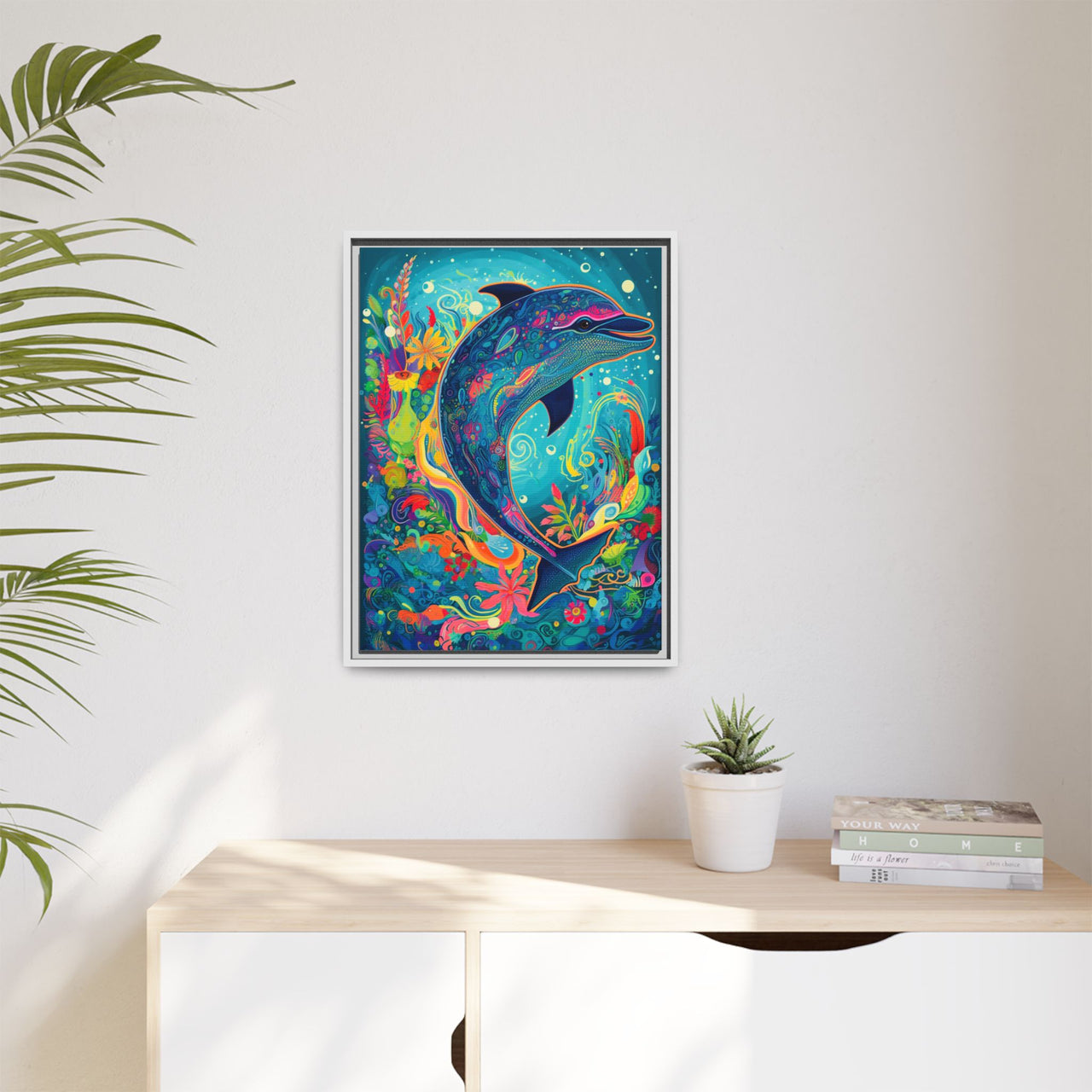 Ocean Bloom Dolphin Canvas Wall Art with Frame