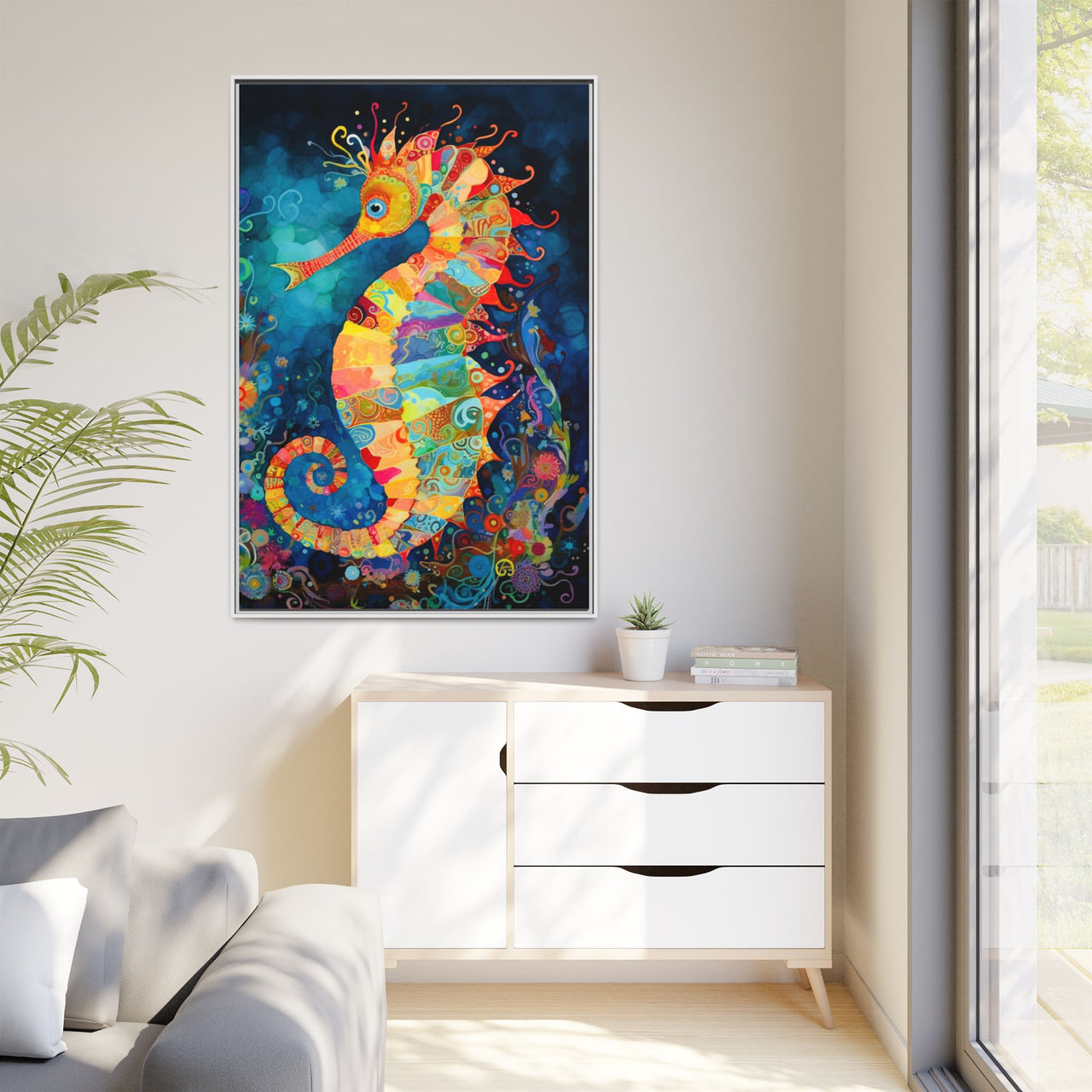 Coral Carnival Seahorse Canvas Wall Art with Frame