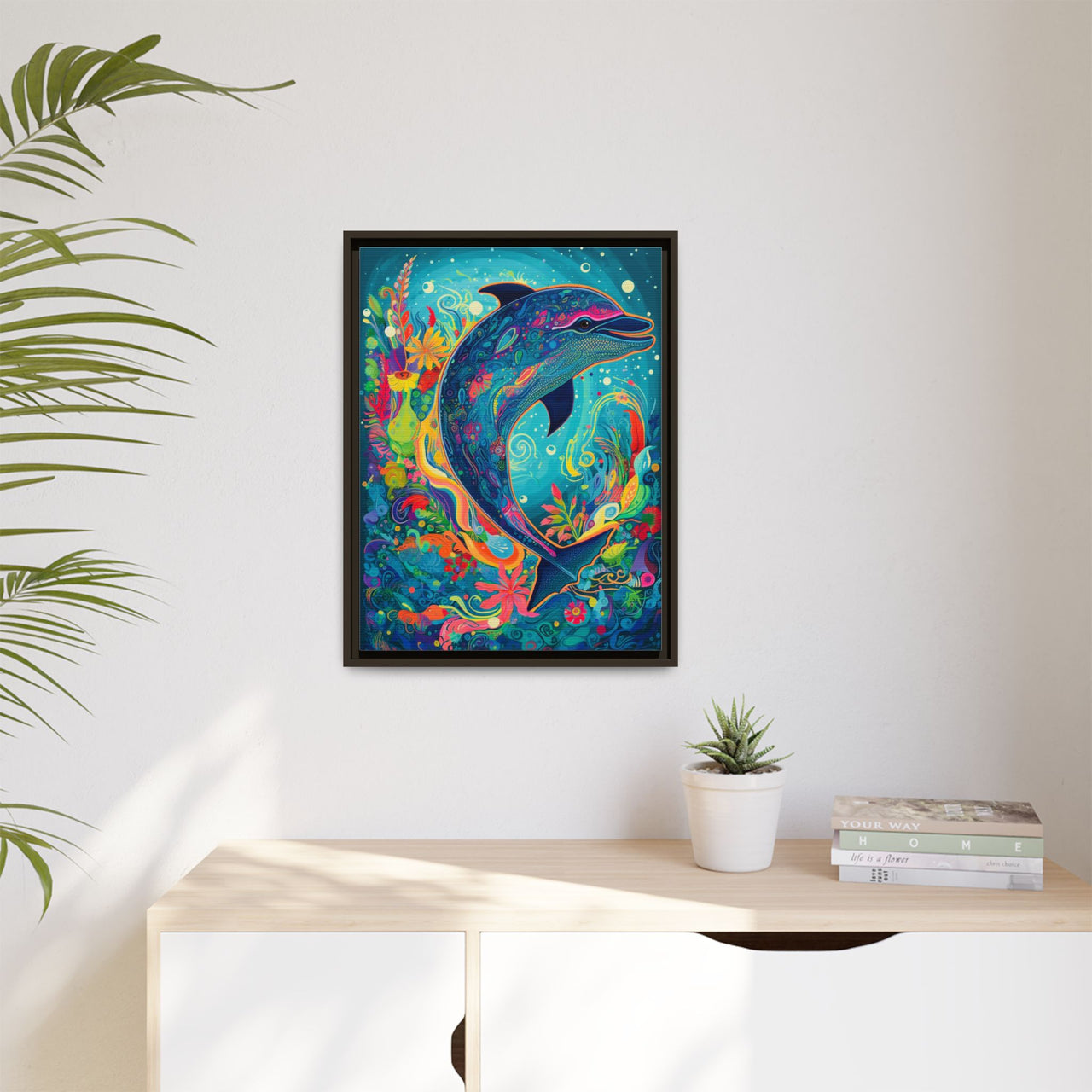 Ocean Bloom Dolphin Canvas Wall Art with Frame