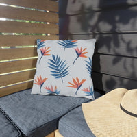 Thumbnail for Decorative pillow with floral pattern on a gray cushioned bench outdoors.