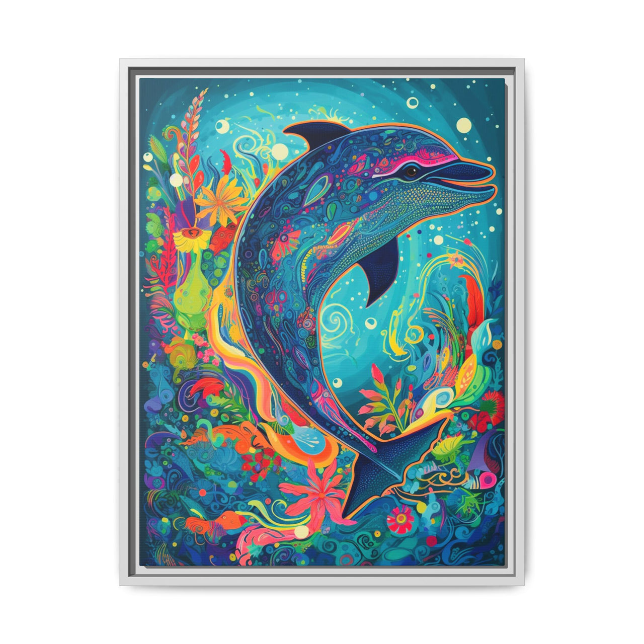 Ocean Bloom Dolphin Canvas Wall Art with Frame