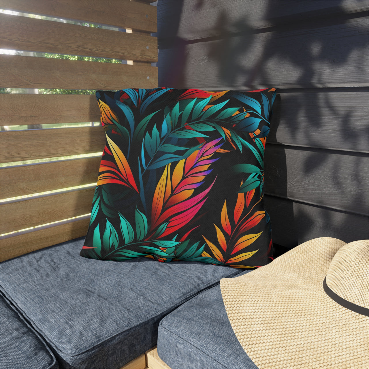 Colorful leaf-patterned pillow on a bench with a straw hat nearby.