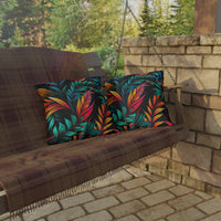 Thumbnail for Brown wooden swing with colorful leaf-patterned waterproof cushions in a garden setting.